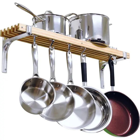 Wooden Wall Mounted Pot Rack with 6 Hooks for Kitchen Storage {1}