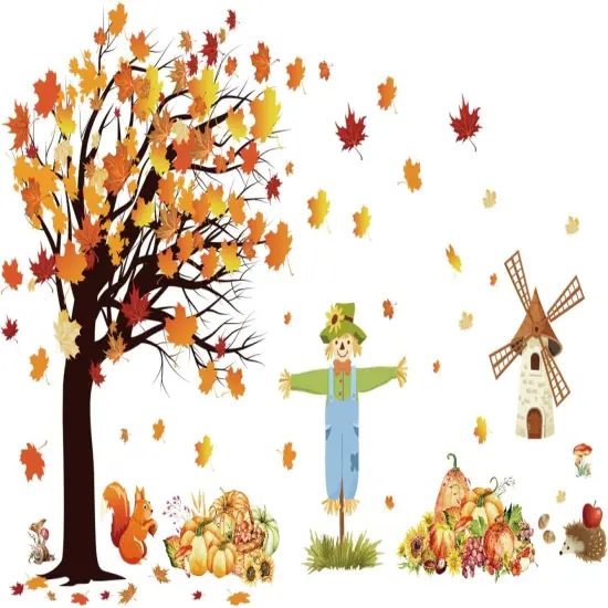 Fall Maple Leaves Wall Decals Autumn Pumpkin Scarecrow Wall Stickers {5}