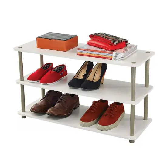 White Wood Shoe Rack with 3 Shelves, Metal Accents and 12 Pair Capacity {2}