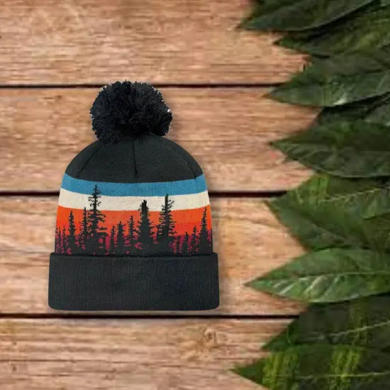 1 Count Grand Recycled Beanie Double Layered Knit with Jacquard Design and Pom Trees & Peaks {5}