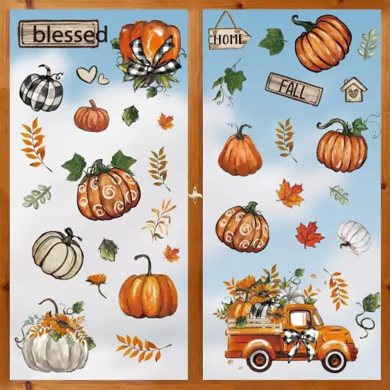55 PCS Fall Window Cling Sticker, Thanksgiving Autumn Harvest Leaves {3}