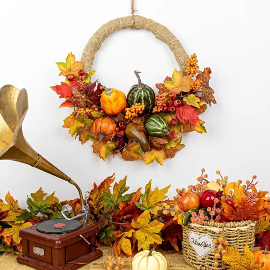 20 Inch Artificial Fall Autumn Wreath with Pumpkins {2}