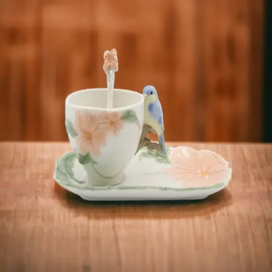 Ceramic Bluebird Flower Cup And Saucer And Spoon-1Set, Gift for Her, Gift for Mom, Gift for Friend or Coworker, Tea Party D&eacute;cor, Caf&eacute; Decor {2}