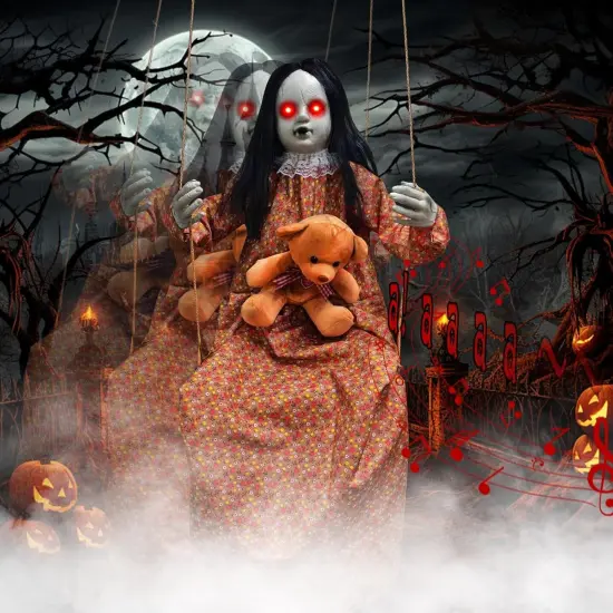 Halloween Hanging Girl with Bear Doll - Light Up Eyes and Sound & Slap Activated {1}
