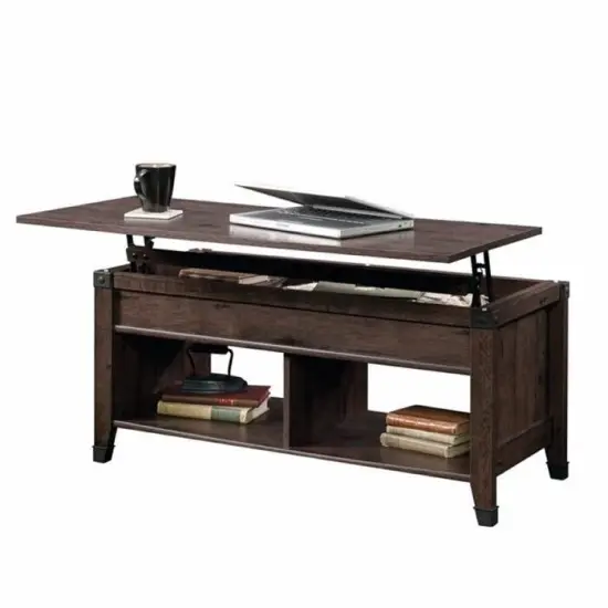 Dark Brown Lift-Top Coffee Table with Hidden Storage and Wrought Iron Style Accents {1}