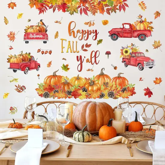 Happy Fall Yall Wall Decals Trucks Autumn Pumpkin Maple Wall Stickers {4}