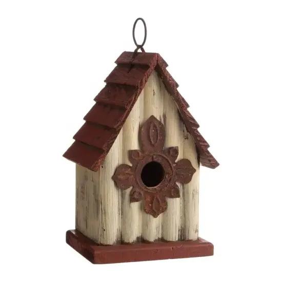 Retro Red Solid Wood Metal A-Frame Birdhouse with Hanging Ring and Easy Clean-out {1}
