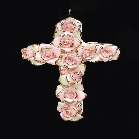 Ceramic Pink Roses Cross Pendant, Religious Décor, Religious Gift, Church Décor, Church Gift, Baptism Gift {3}