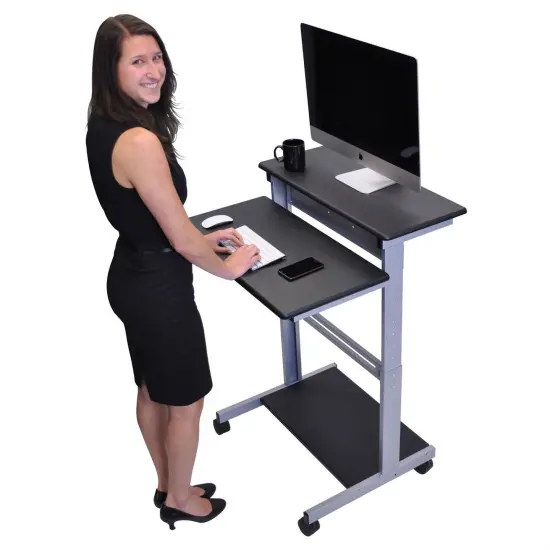 Black Mobile Stand-Up Computer Desk with Locking Casters {2}