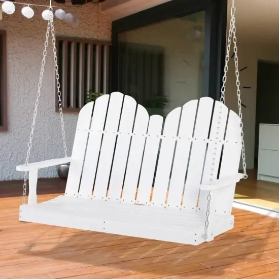 White Solid Wood 2-Seater Hanging Porch Swing for Outdoor Relaxation {1}