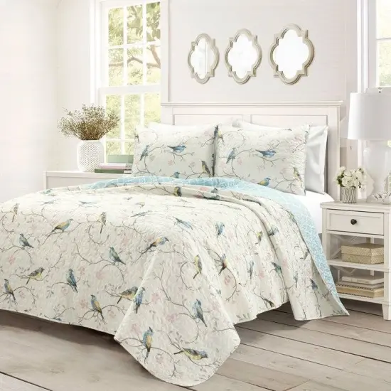 Full Queen Floral Birds Quilt Set 3 Piece Reversible Bedding {1}