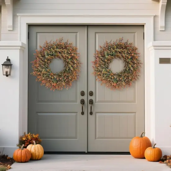 26" Fall Wreath for Front Door, Porch, Window - Large Artificial Boxwood Leaves {3}