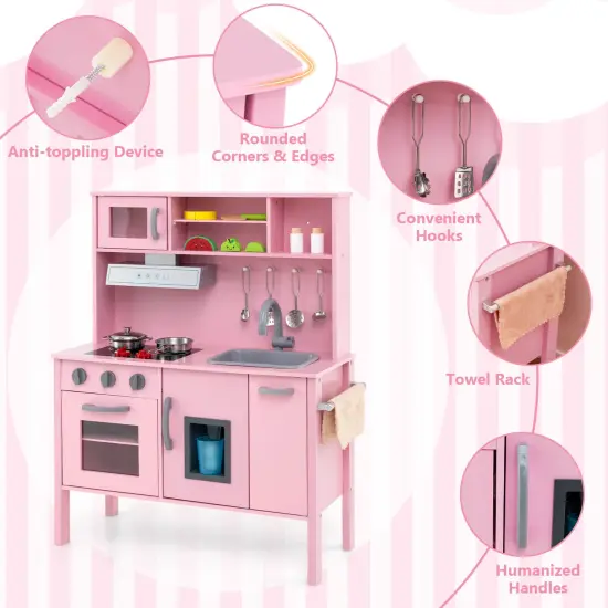 Costway Kids Kitchen Playset Wooden Pretend Play Chef Toy with Microwave & Accessories Pink/White {4}