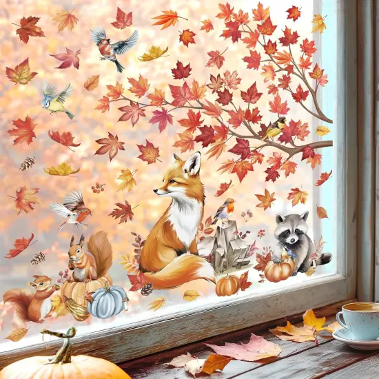Fall Maple Leaves Tree Branch Window Clings Autumn Animals Fox Squirrel {3}