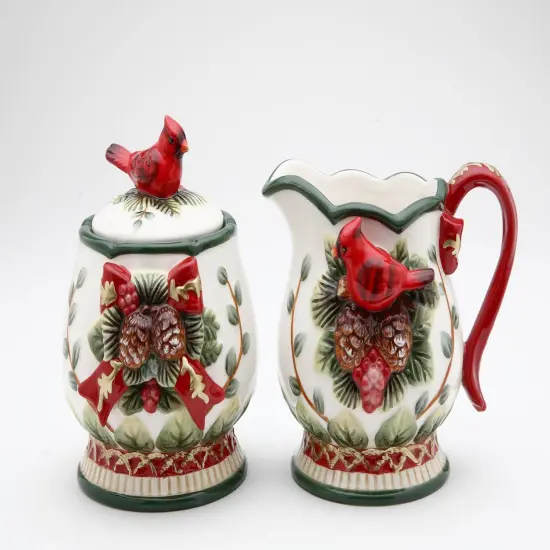 Ceramic Sugar Bowl and Creamer with Cardinals and Pine Cones, Home D&eacute;cor, Gift for Her, Gift for Mom, Kitchen D&eacute;cor, Christmas D&eacute;cor {3}