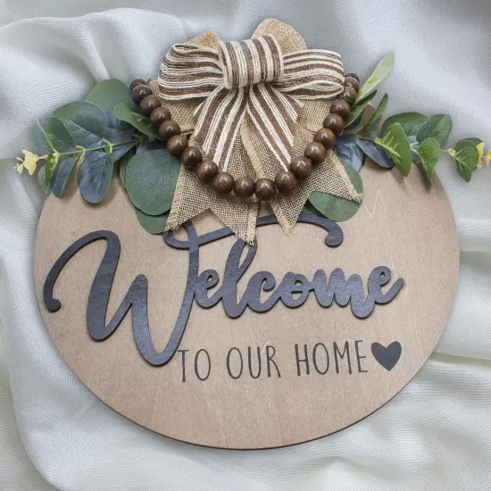 3D Welcome Sign for Front Door | Home/Farmhouse Porch D&eacute;cor Wooden Hanging Sign with Artificial Leaves and Rustic Beads | Christmas Classroom |12" Round {4}