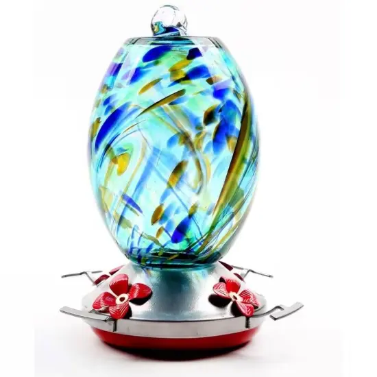 Blue Blown Glass Hummingbird Feeder with 4 Ports, Perch and Hanging Hook {1}