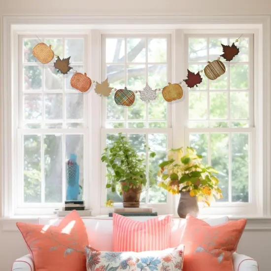 Wooden Pumpkin Garland Maple Leaf Garland - Orange {3}