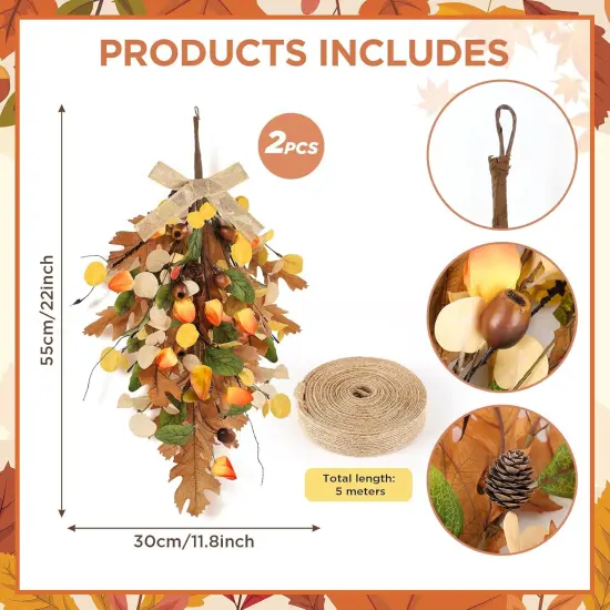 22" Fall Wreaths for Front Door 2 PCS Fall Teardrop Swag Artificial Golden Eucalyptus Leaves and Oak Leaves with Ribbon for Indoor Outdoor Farmhouse Home Wall Window Festival Wedding Decor {3}