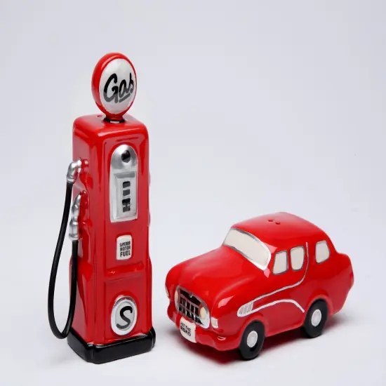 Hand Painted Ceramic Red Car And Gas Pump Salt & Pepper Shakers-Home D&eacute;cor, Gift for Her, Gift for Him, Gift for Dad, Kitchen D&eacute;cor {3}