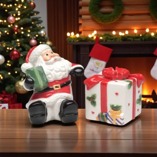 Ceramic Christmas Santa With Gift Salt And Pepper Shaker Set, Home D&eacute;cor, Gift for Her, Gift for Mom, Kitchen D&eacute;cor, Christmas D&eacute;cor {1}