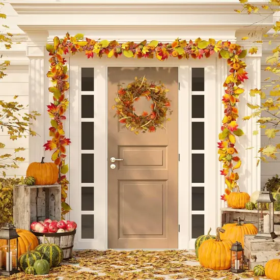 Artificial Fall Wreaths for Front Door Autumn Door Wreath with Maple Leaves {2}