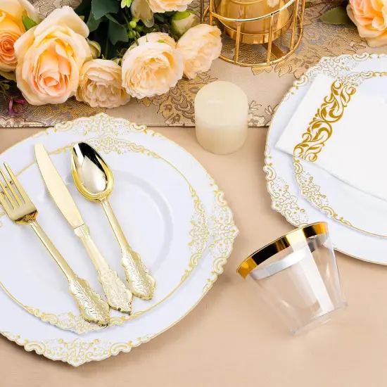 350PCS White & Gold Disposable Dinnerware Set &ndash; Plates, Cutlery, Cups & Napkins for 50 Guests {2}