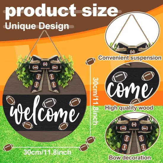 Hello Fall Football Sign for Front Door Thanksgiving Wooden Hanging Sign Fall Welcome Wreaths with Bow Turkey Farmhouse Wall Decoration for Home Autumn Harvest Front Porch Decor(Football) {3}