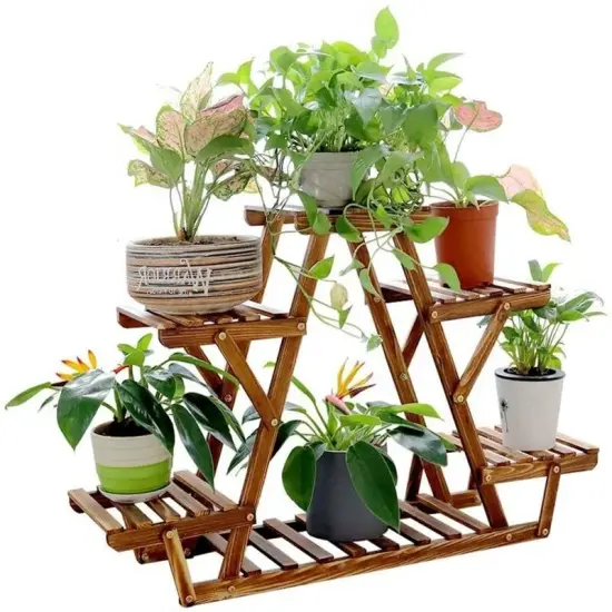 Brown Solid Pine Wood 6-Tier Triangular Plant Stand with Sled Base {1}