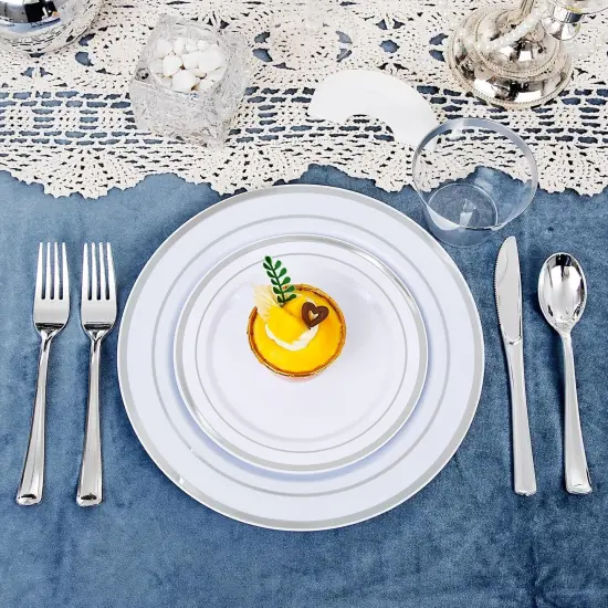 Silver Disposable Dinnerware Set &ndash; 25, 50, 75, 100 Guest Options, Plates, Silverware, Cups for Wedding, Party, Events {7}