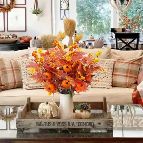 6 Pcs Artificial Maple Leaves Branches with Pumpkins {3}