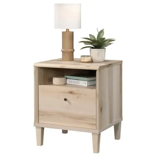Light Maple Wood Farmhouse Style 1-Drawer Nightstand with Open Shelf {1}