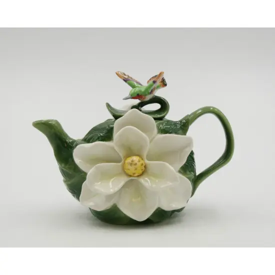 Ceramic Magnolia Flower with Hummingbird Teapot, Gift for Her, Gift for Mom, Tea Party D&eacute;cor, Caf&eacute; D&eacute;cor {2}
