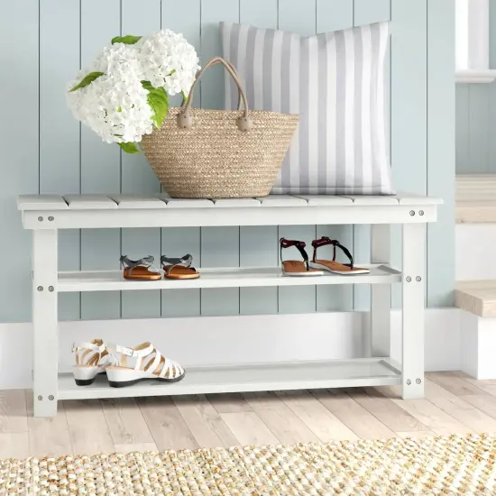 Wooden Shoe Rack Bench with Two Storage Shelves and 2-Seater Design for Entryway or Hallway White {1}
