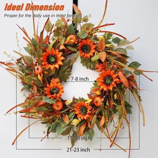 Fall Wreaths for Front Door, Soomeir 22 Inch Pumpkin Autumn Thanksgiving Wreath with Berries, Sunflower Wreath for Outdoor Outside Indoor Halloween Decorations {3}