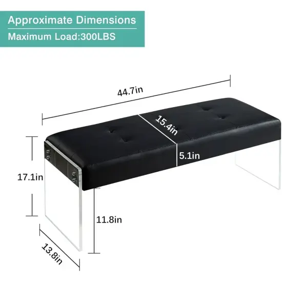 Upholstered Storage Bench Black Faux Leather with Clear Legs {4}