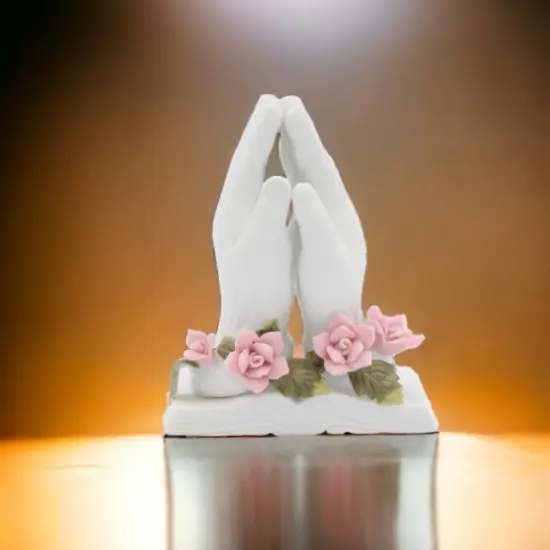 Ceramic Praying Hands with Rose Flowers Figurine, Home D&eacute;cor, Religious D&eacute;cor, Religious Gift, Church D&eacute;cor, Baptism Gift {1}