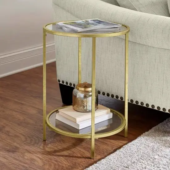 2-Tier Round Gold Metal End Table with Glass Top and Bottom Shelf for Living Room or Bedroom {1}