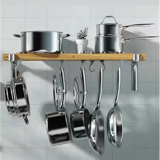 36-Inch Wall-Mounted Metal Wood Pot Rack with 6 Adjustable Hooks {2}