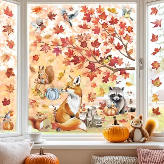 Fall Maple Leaves Tree Branch Window Clings Autumn Animals Fox Squirrel {2}