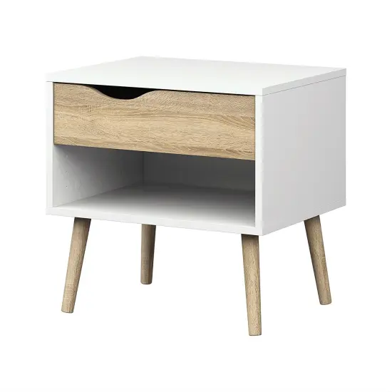 Modern Mid Century Style End Table Nightstand in White & Oak Finish {1}