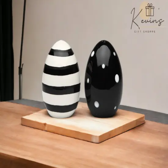 Ceramic Striped and Dotted Black and White Easter Eggs Salt and Pepper Shakers, Gift for Her, Gift for Mom, Kitchen D&eacute;cor, Spring D&eacute;cor {2}