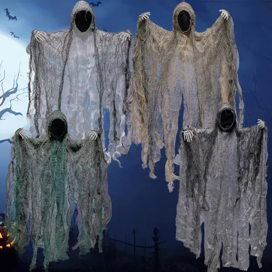 4 Pack 19'' Halloween Hanging,Faceless Grim Reaper Set with Posable Arms in Dark Horror Robe {5}