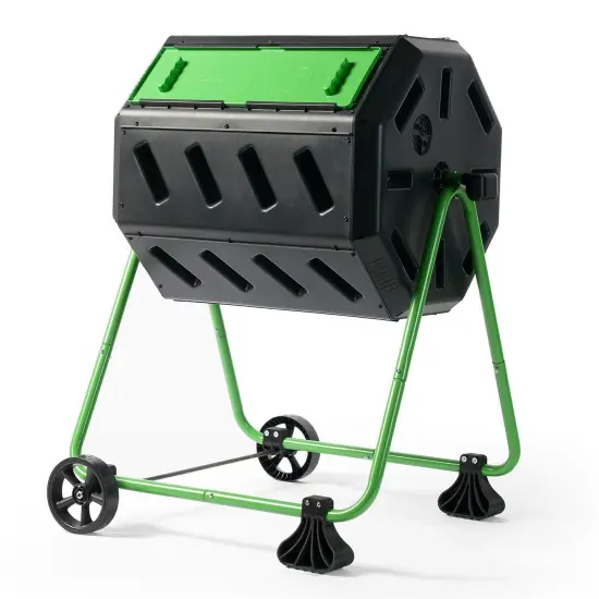 Black and Green Plastic Dual-Chamber Compost Tumbler Bin with Wheels {1}