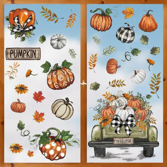 55 PCS Fall Window Cling Sticker, Thanksgiving Autumn Harvest Leaves {2}