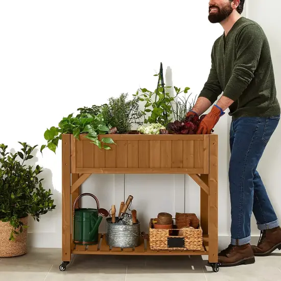 Elevated Fir Wood Planter Box with Adjustable Compartments and Wheels {3}