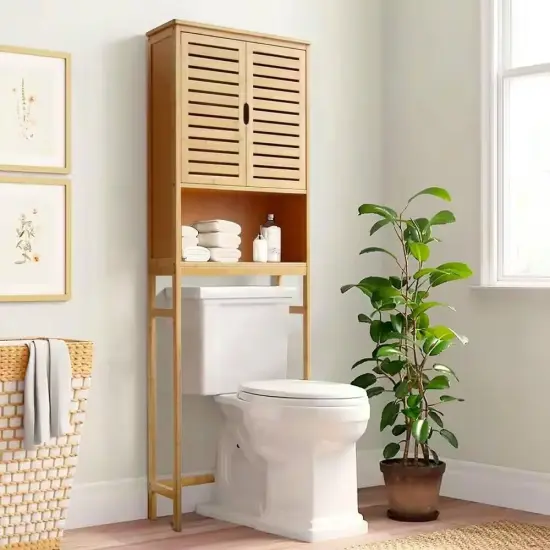 Over the Toilet Bathroom Storage Cabinet Shelf in Light Brown Yellow Wood Finish {2}