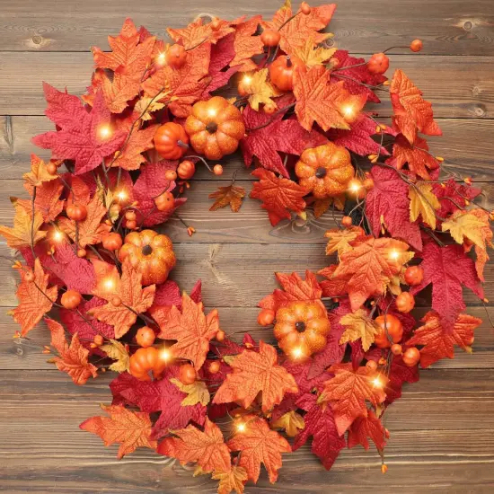 26 Inch Large Foldable Fall Wreath - Maple Pumpkin Wreath {1}