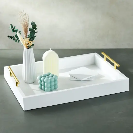 White Serving Tray with Handles and Coasters - Decorative Coffee Table Tray with Interchangeable Gold and Silver Handles, 16.57 x 12.2 x 3.1 inches {5}