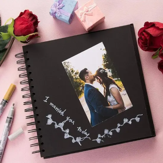 8x8 Hardcover Scrapbook - Blank Wedding Guest Book, DIY Photo Album, Black Spiral Bound Cardboard Cover Sketchbook for Kids Craft, Diary Journal - Square - 40 Sheets {3}